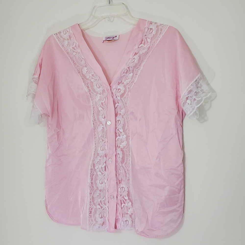 Exclusively Yours Vintage Pink Lace Pajama Top, Size Large